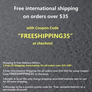 May include: Text on a gray background reads "Free international shipping on orders over $35" with the coupon code "FREESHIPPING35" at checkout. Additional text details free shipping offers, including for US and international orders.