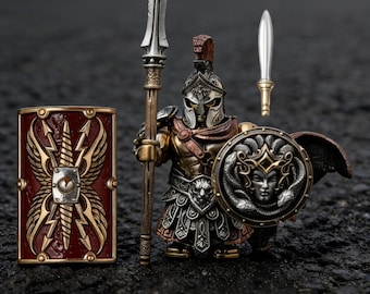 Spartan Kommandant Metall MOC Figur, massive Zinklegierung, CNC, gelenkig, detailliert, Ziegelkompatibel Sammlerstück, Premium Schreibtisch Dekor