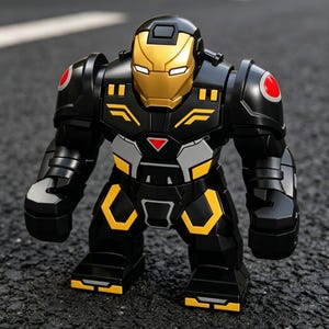 K&ouml;nnte beinhalten: Ein schwarzer und goldener Spielzeugroboter, der an einen Superhelden erinnert. Der Roboter hat einen goldenen Helm und Akzente, mit gelben und roten Details auf einem schwarzen K&ouml;rper. Er steht auf einer dunklen Oberfl&auml;che.