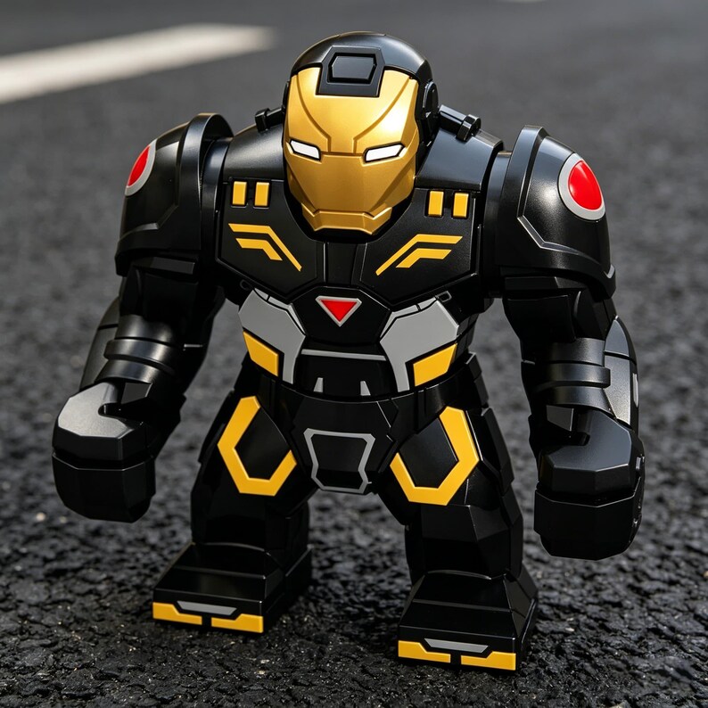 K&ouml;nnte beinhalten: Ein schwarzer und goldener Spielzeugroboter, der an einen Superhelden erinnert. Der Roboter hat einen goldenen Helm und Akzente, mit gelben und roten Details auf einem schwarzen K&ouml;rper. Er steht auf einer dunklen Oberfl&auml;che.