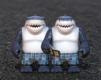 Shark Squad Custom Adult Minifigure: Deep Gray-Blue Fin, White Belly, Plaid Shorts, 360 Full Print, Collectible Art Toy