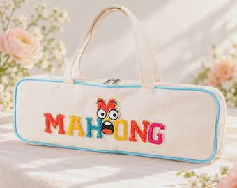 American Mahjong Racks & Pushers Storage Bag, Beige Embroidered Canvas Case for Game Storage, Mahjong Player Birthday, Mahjong Game Storage