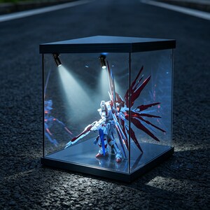 May include: A detailed model of a robot, featuring red, white, and blue accents, is displayed inside a clear glass case. The case is illuminated by two spotlights, highlighting the robot's intricate design and the case's black frame. The display case sits on a dark surface.