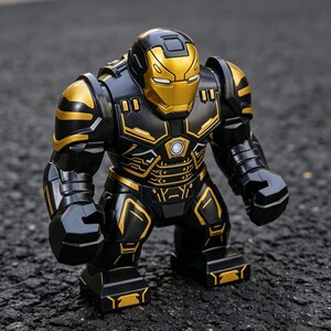 Pu&ograve; includere: Action figure nera e oro di un supereroe con elmetto e armatura. La figura ha un volto e dettagli dorati, con dettagli intricati sul petto e sugli arti. Il giocattolo &egrave; appoggiato su una superficie scura.