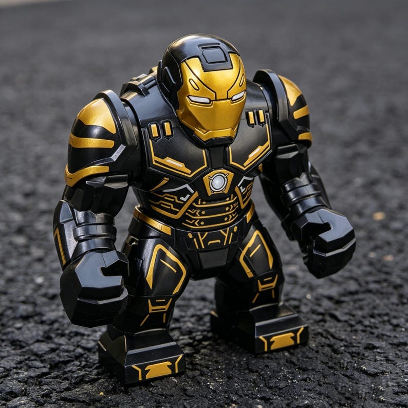 Pu&ograve; includere: Action figure nera e oro di un supereroe con elmetto e armatura. La figura ha un volto e dettagli dorati, con dettagli intricati sul petto e sugli arti. Il giocattolo &egrave; appoggiato su una superficie scura.