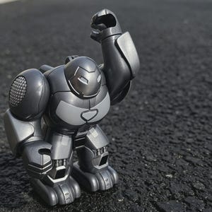 以下が含まれることがあります： 腕を上げたグレーとシルバーのロボットのおもちゃ。 ロボットは丸みを帯びた体、目のスリットのある詳細な頭、関節のある手足を持っています。 おもちゃはプラスチック製で、暗い表面に立っています。