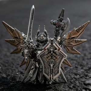 May include: A detailed silver and bronze figurine of a knight in full armor, holding a sword and shield. The knight has ornate wings and is posed in a dynamic stance. The figure is set against a dark, textured background.