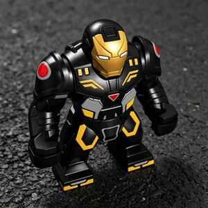 K&ouml;nnte beinhalten: Eine schwarze und goldene Iron Man Actionfigur mit Helm und R&uuml;stung. Die Figur hat gelbe und graue Akzente, darunter eine gelbe Gesichtsmaske und Brustdetails. Rote Kreise befinden sich auf den Schultern.