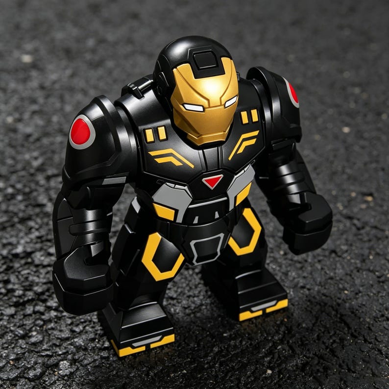 K&ouml;nnte beinhalten: Eine schwarze und goldene Iron Man Actionfigur mit Helm und R&uuml;stung. Die Figur hat gelbe und graue Akzente, darunter eine gelbe Gesichtsmaske und Brustdetails. Rote Kreise befinden sich auf den Schultern.