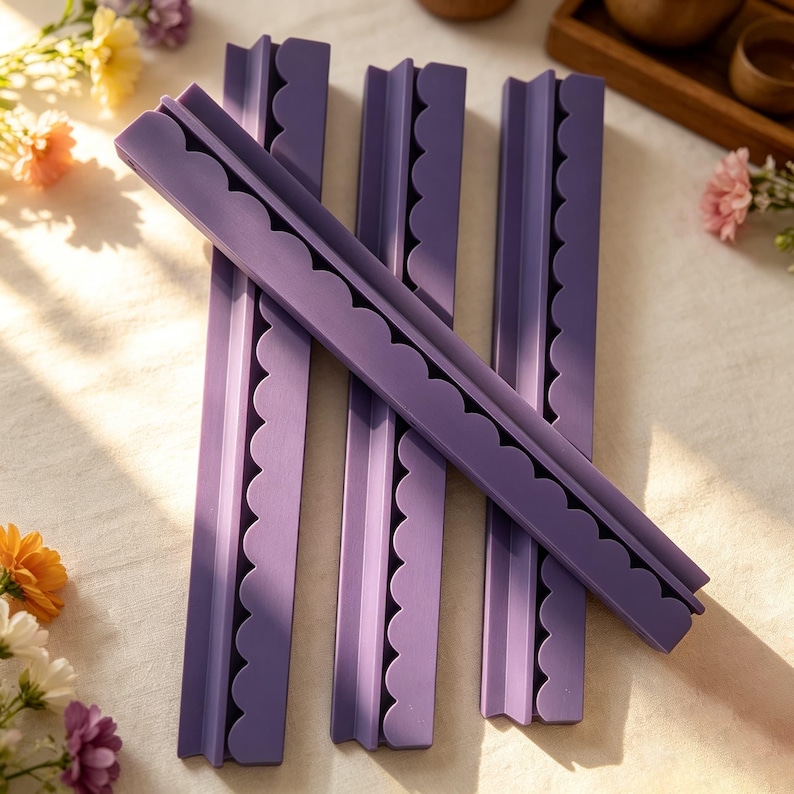 May include: Four long, purple, rigid strips with a scalloped edge along one side. These linear objects feature a flat base and a raised, decorative border with a repeating semi-circular pattern, arranged in a parallel and overlapping formation.