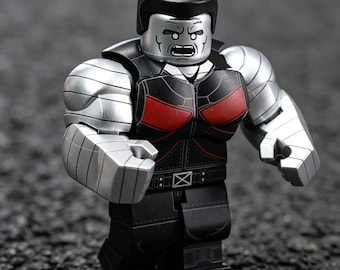Custom Plastic Marvel Avengers-Style Colossus Minifigure: 360 Full-Body Printed ABS Figure with Silver-Black-Red Armor & Angry Expression