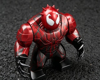Marvel Venom Toxin Minifigure: custom plastic, 360 metallic red/black print, matte black finish, spiked head—designed for collectors