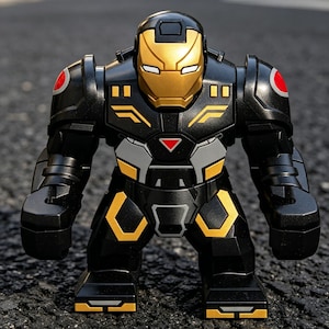 K&ouml;nnte beinhalten: Ein schwarzer und goldener Spielzeugroboter mit goldenem Helm und roten Akzenten. Das Spielzeug hat ein blockartiges Design und steht auf einer dunklen Oberfl&auml;che. Die Brust des Roboters hat ein silbernes und rotes Design.
