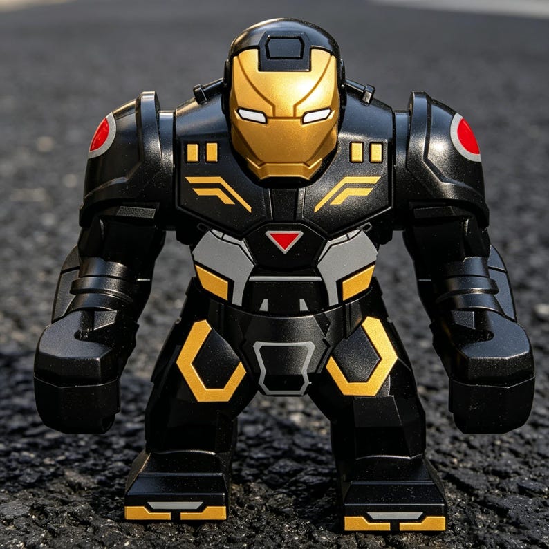 K&ouml;nnte beinhalten: Ein schwarzer und goldener Spielzeugroboter mit goldenem Helm und roten Akzenten. Das Spielzeug hat ein blockartiges Design und steht auf einer dunklen Oberfl&auml;che. Die Brust des Roboters hat ein silbernes und rotes Design.
