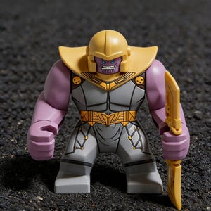 May include: A Thanos action figure, featuring a purple-skinned character with a yellow helmet and armor. The figure holds a yellow blade and has a stern expression. The figure is made of plastic and is standing on a dark surface.