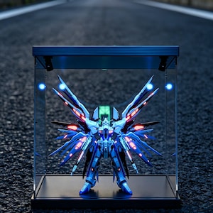 May include: A futuristic, illuminated robot model with blue and red accents, displayed in a clear glass case. The robot has large, wing-like structures and is set against a dark background, creating a striking visual effect. The case is rectangular and has a black base.