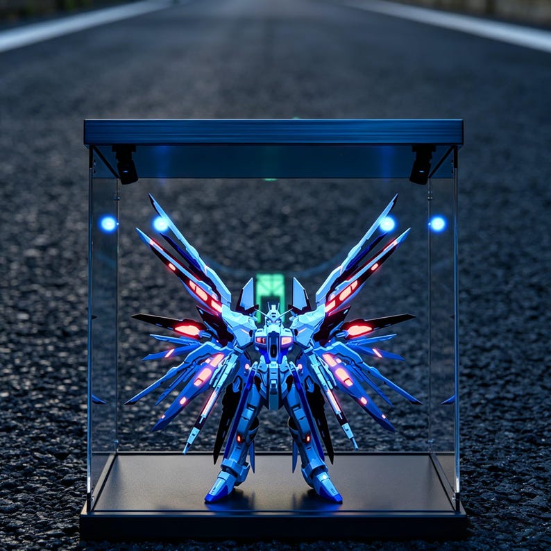 May include: A futuristic, illuminated robot model with blue and red accents, displayed in a clear glass case. The robot has large, wing-like structures and is set against a dark background, creating a striking visual effect. The case is rectangular and has a black base.