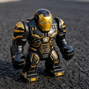 Pu&ograve; includere: Un personaggio d'azione nero e oro di un supereroe, con un elmetto e un'armatura. La figura ha un design dettagliato con accenti dorati sul petto, sulle spalle e sulle gambe. La figura &egrave; in piedi su una superficie scura.