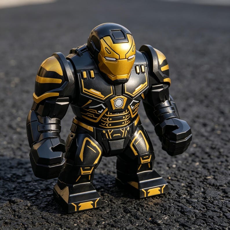Pu&ograve; includere: Un personaggio d'azione nero e oro di un supereroe, con un elmetto e un'armatura. La figura ha un design dettagliato con accenti dorati sul petto, sulle spalle e sulle gambe. La figura &egrave; in piedi su una superficie scura.