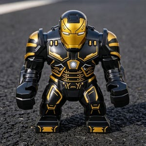 Pu&ograve; includere: Una action figure di Iron Man nera e oro. La figura ha un elmetto e dettagli dorati, con un'armatura nera. Il giocattolo &egrave; su una superficie scura. La figura &egrave; un giocattolo o un oggetto da collezione.