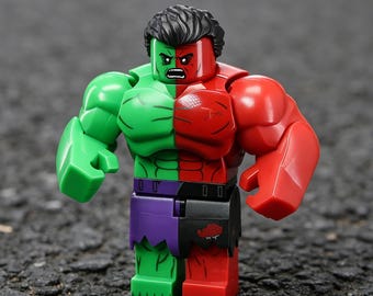 Marvel Hulk & Red Hulk Hybrid Minifigure, Plastic Adult Collectible with Full-Body Printed Details, Red-Green Split Design