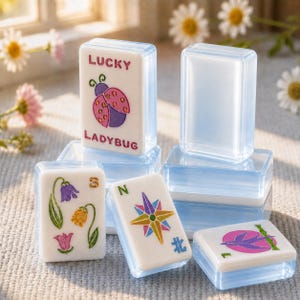 May include: A collection of rectangular white tiles with light blue translucent edges. One tile features a pink ladybug and the text LUCKY LADYBUG. Others display a colorful flower arrangement with the number 3, a compass star with the letter N and Chinese character, and a purple bird graphic.