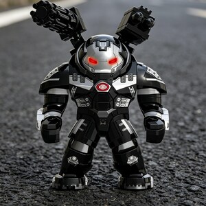 Puede incluir: Un robot de juguete negro y plateado con ojos rojos brillantes y armas montadas en los hombros. El robot tiene un dise&ntilde;o detallado con detalles plateados y un emblema circular rojo en el pecho. Se encuentra sobre una superficie gris oscura.