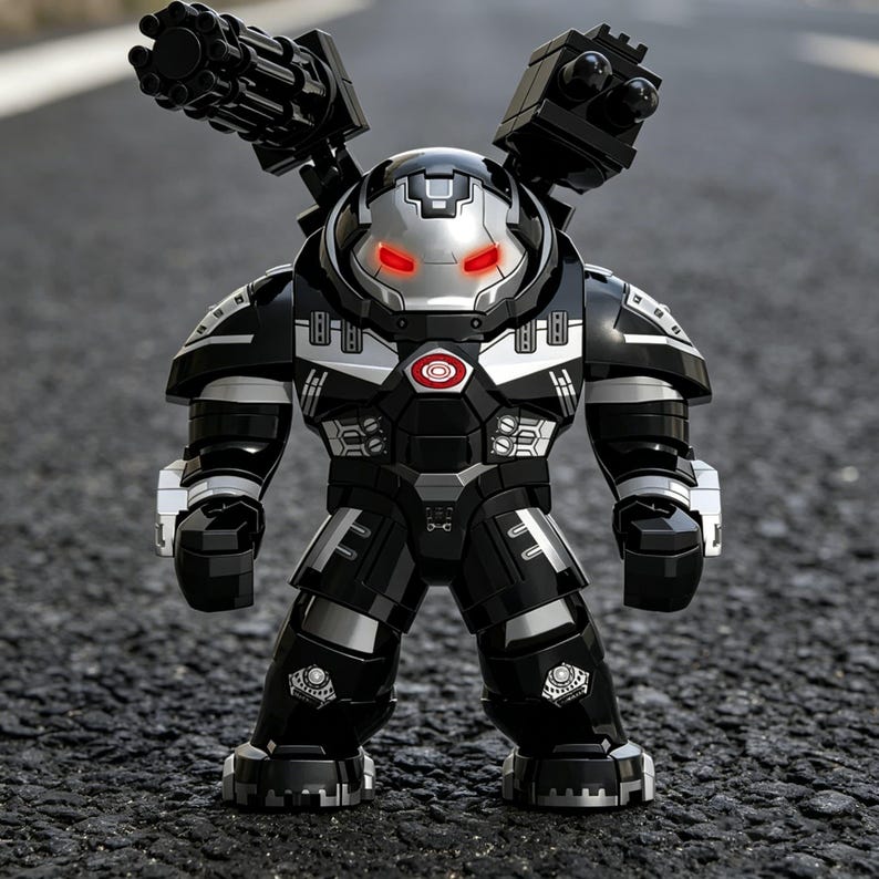 Puede incluir: Un robot de juguete negro y plateado con ojos rojos brillantes y armas montadas en los hombros. El robot tiene un dise&ntilde;o detallado con detalles plateados y un emblema circular rojo en el pecho. Se encuentra sobre una superficie gris oscura.