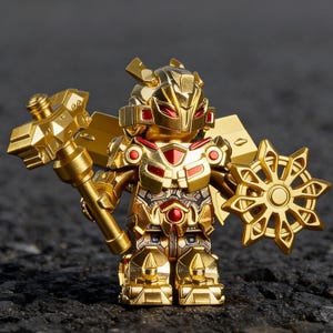 May include: A gold-colored toy robot figure with red accents. The robot holds a gold hammer in one hand and a star-shaped shield in the other. The figure has a detailed design with a helmet and armor.
