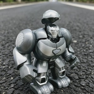 以下が含まれることがあります： 開閉式のヘルメットが付いた、銀色のロボットのアクションフィギュア。ロボットは、丸みを帯びた肩と胸部プレートを備えた詳細なデザインです。フィギュアは濃い灰色の表面に立っています。