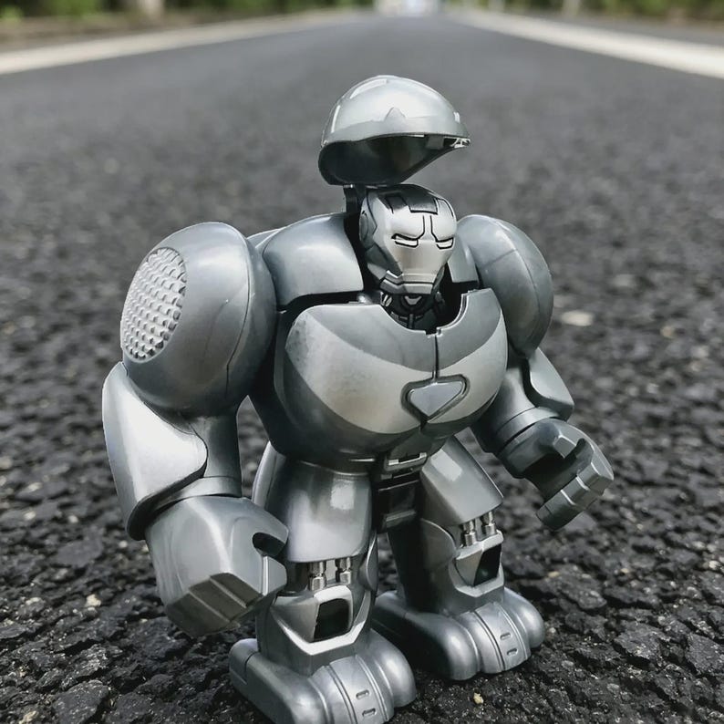 以下が含まれることがあります： 開閉式のヘルメットが付いた、銀色のロボットのアクションフィギュア。ロボットは、丸みを帯びた肩と胸部プレートを備えた詳細なデザインです。フィギュアは濃い灰色の表面に立っています。