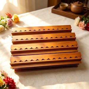 May include: A rectangular wooden display rack featuring four horizontal tiers, each with a decorative scalloped edge. The light brown wood grain is visible across the tiered structure, which is designed to hold items in a stacked, organized arrangement.