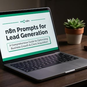 May include: A laptop displaying a white screen with green accents and the text n8n Prompts for Lead Generation, A Comprehensive Guide to Optimizing Business Growth & Client Acquisition. The screen features a logo at the top center.