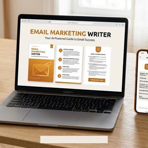May include: A laptop displaying a website titled Email Marketing Writer with a guide to email success, alongside a smartphone showing a chat interface, a brown mug, a small potted succulent, and a gold pen on a wooden desk surface.