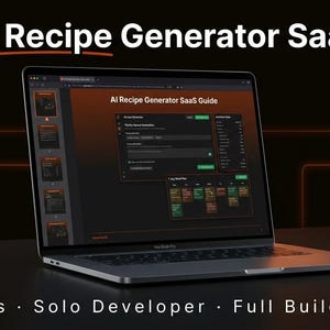 May include: A laptop displaying an AI Recipe Generator SaaS interface with a dark theme. The screen shows a guide titled AI Recipe Generator SaaS Guide, featuring a recipe generation form and a 7-day meal plan. Text reads AI Recipe Generator SaaS.