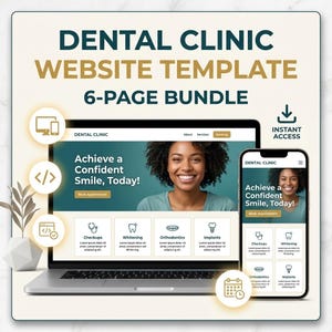 Könnte beinhalten: Eine 6-seitige Website-Vorlage für Zahnarztpraxen, dargestellt auf einem Laptop und Smartphone mit dem Text "Achieve a Confident Smile, Today!" und "Dental Clinic". Das Design enthält Symbole für Kontrolluntersuchungen und Implantate.
