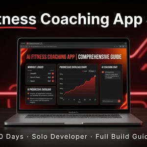 May include: A laptop displaying an AI Fitness Coaching App SaaS interface with a workout logger, progressive overload chart, and AI coaching chat. The screen reads AI Fitness Coaching App Comprehensive Guide. Text above reads AI Fitness Coaching App SaaS.