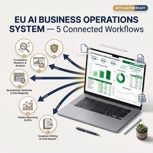 Sistema de operaciones comerciales con IA, 5 flujos de trabajo conectados con libro de trabajo de Excel y panel de control de KPI.