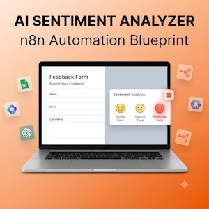 Könnte beinhalten: Ein Laptop mit einem KI-Sentiment-Analyzer n8n Automatisierungs-Blueprint. Der Bildschirm zeigt ein Feedback-Formular und ein Sentiment-Analyse-Fenster mit Symbolen für ein lächelndes, neutrales und ein trauriges Gesicht.