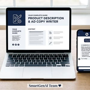 Könnte beinhalten: Ein Laptop mit einem Leitfaden namens Product Description & Ad Copy Writer neben einem Smartphone mit einer KI-generierten Chat-Oberfläche. Der Bildschirm zeigt Text, Symbole und ein Dokumentenlayout. Ein Stift, eine Kaffeetasse, ein Notizbuch und eine Pflanze sind zu sehen.