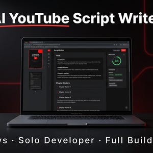 Könnte beinhalten: Ein Laptop-Bildschirm zeigt eine AI YouTube Script Writer-Oberfläche im Dark Mode mit Skript-Editor, Kapitelmarkierungen und einem grünen SEO-Score-Kreis. Der Text AI YouTube Script Writer und 30 Days · Solo Developer · Full Build Guide ist zu sehen.