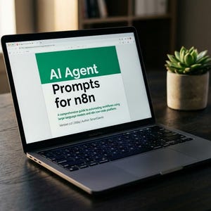 Könnte beinhalten: Ein silberner Laptop zeigt ein Dokument mit dem Titel AI Agent Prompts for n8n, das eine grüne Kopfzeile, schwarzen Text und einen Untertitel zur Automatisierung von Arbeitsabläufen mit Sprachmodellen und n8n sowie Versions- und Autorenangaben enthält.