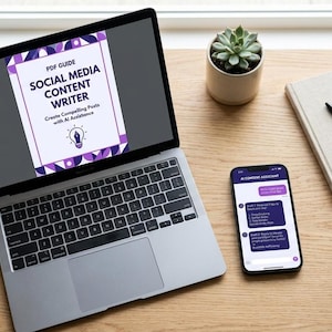 May include: A silver laptop displaying a PDF guide titled Social Media Content Writer with an AI icon, next to a smartphone showing an AI chat interface, a notebook with a black pen, a small succulent in a pot, and a ceramic mug.