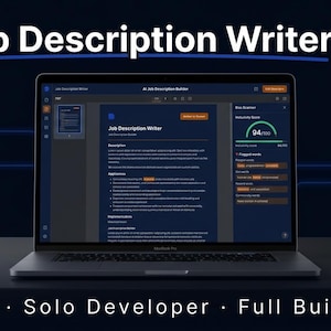 May include: A laptop displaying an AI Job Description Writer SaaS interface with a job description document, a bias scanner showing a 94/100 score, and flagged words. The screen includes text headers like AI Job Description Writer and 30 Days Solo Developer Full Build Guide.