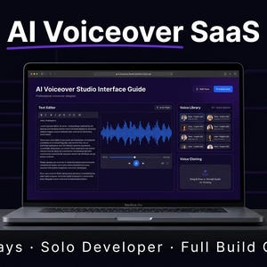 May include: A laptop displaying an AI Voiceover Studio Interface Guide with a text editor, blue audio waveform, and voice library. The screen shows the text AI Voiceover SaaS at the top and 30 Days · Solo Developer · Full Build Guide at the bottom.