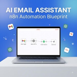 Könnte beinhalten: Ein Laptop zeigt einen AI Email Assistant n8n Automation Blueprint Workflow. Der Bildschirm zeigt einen Prozessablauf von Gmail Trigger zu OpenAI GPT-4, Human Approval und Send Email. Schwebende Symbole für Gmail, OpenAI und n8n umgeben den Laptop.