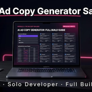 Może przedstawiać: Laptop wyświetlający interfejs SaaS generatora treści reklamowych AI wraz z pełnym przewodnikiem budowy. Ekran pokazuje moduł zatytułowany AI AD COPY GENERATOR: FULL BUILD GUIDE, selektor frameworka oraz tracker wydajności testów A/B z wykresami.