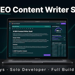 Könnte beinhalten: Ein Laptop mit einer KI-SEO-Content-Writer-SaaS-Oberfläche im dunklen Design, ausgestattet mit einem Texteditor, einem Echtzeit-SEO-Score von 84/100, Keyword-Dichte-Metriken und einer Tabelle zur SERP-Wettbewerbsanalyse mit dem Titel AI SEO Content Writer SaaS.