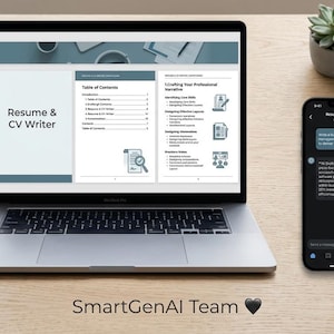Könnte beinhalten: Ein silberner Laptop mit einem Resume & CV Writer Dokument, ein schwarzes Smartphone mit Chat-Oberfläche, eine weiße Tasse, ein Stift, eine kleine Sukkulente und eine Brille. Der Text SmartGenAI Team mit einem schwarzen Herz ist unten zentriert.