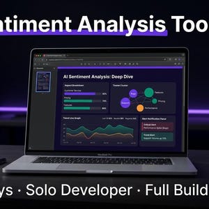 Könnte beinhalten: Ein Laptop zeigt ein Dashboard zur KI-Stimmungsanalyse mit Diagrammen, Grafiken und dem Text AI Sentiment Analysis: Deep Dive. Der Bildschirm zeigt Datenvisualisierungen, einschließlich einer Aspektaufschlüsselung und eines Trendliniendiagramms.